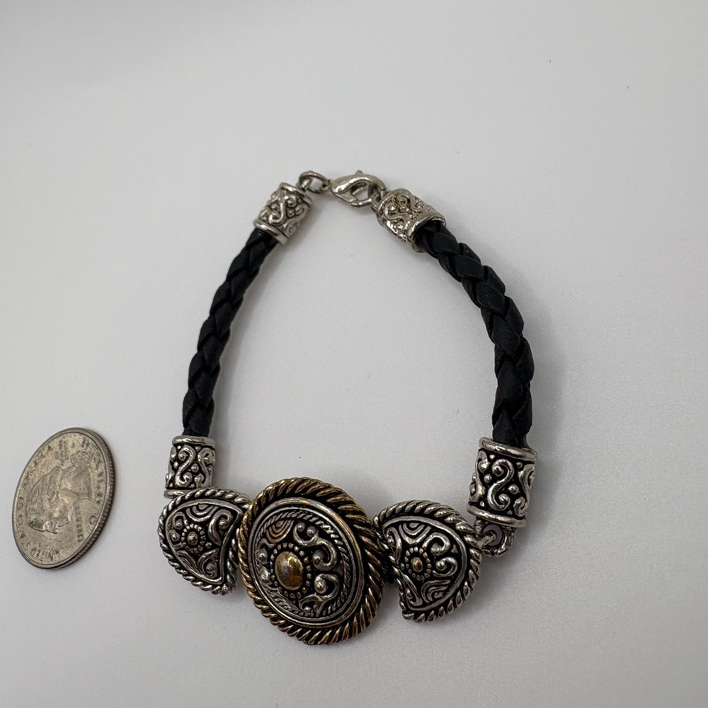 Vintage Style Braided Leather Bracelet w/ Ornate Silver Gold Tone Medallion Boho